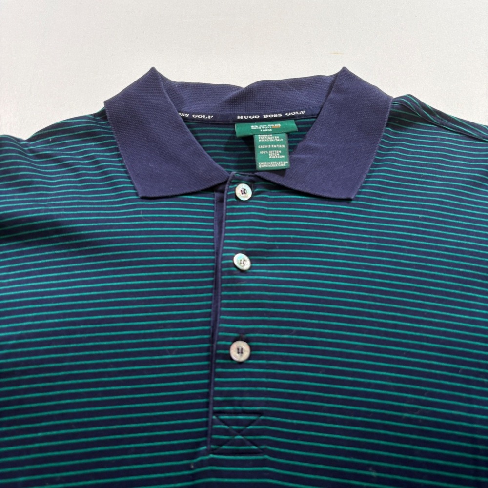 Hugo Boss Golf Polo Shirt Mens Large Striped Cotton Short Sleeve‎ Navy Green